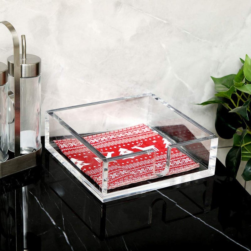 IEEK Acrylic Luncheon Napkin Holder,Decorative Napkin Tray for Dining Table and Kitchen,Clear Flat Napkin Holders Tissue Dispenser,7.1 x 7.1 x 2.6 inches - Image 3